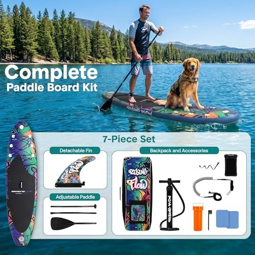 SereneLife 10’6” Inflatable Stand Up Paddle Board with Premium SUP Accessories - 32” Wide Stable Design with Non-Slip EVA Deck Pad