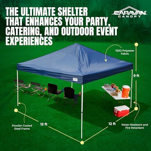 Caravan Canopy 12 by 12 Foot Polyester Straight Steel Leg Instant Pop Up Canopy Tent with Adjustable Height for Outdoor Events, Blue | 150D polyester top with 99 percent UV protection, 3 height settings to 9 ft, steel frame, roller bag and 4 stakes