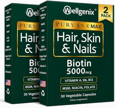 Wellgenix Purvana MAX Hair Skin and Nails Supplement – 5000mcg Biotin with MSM & B-Complex – Support for Thicker Hair, Stronger Nails & Glowing Skin – 30 Veggie Capsules | Biotin, MSM & hyaluronic acid in vegetable capsules for thicker, fuller hair, stro…