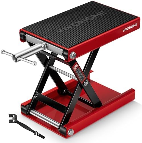 VIVOHOME 1100 LBS Motorcycle Lift Scissor Jack, Wide Deck Hoist Stand, Red | Height Adjustable Center Stand with Crank, Steel Lift for Cruiser, Dirt Bike, ATV