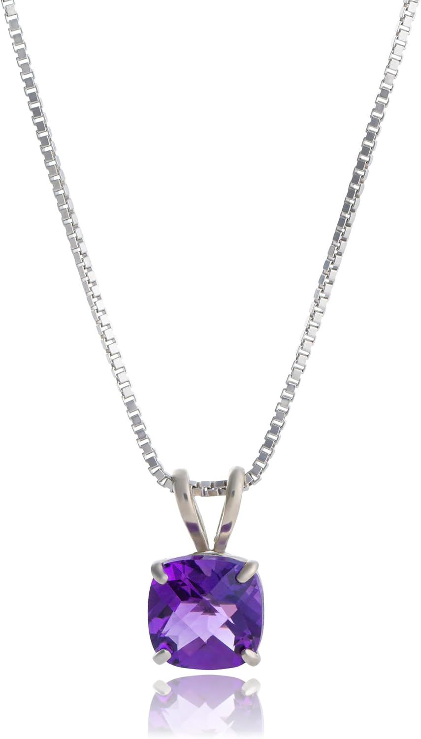 MAX + STONE 925 Sterling Silver Cushion Cut Birthstone Necklace for Women | 6mm Hypoallergenic Solitaire Necklace | Gemstone Pendant Necklaces with 18 inch Box Chain