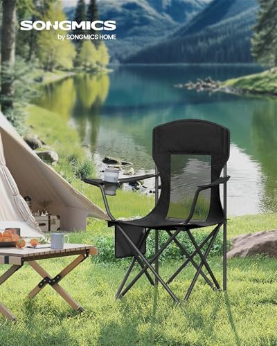 SONGMICS Camping Chair, Folding Oversized Chair, Comfortable and Heavy-Duty, 352 lb Weight Capacity, Adjustable Armrests with Cooler Bag, Storage Bag, Breathable Mesh, Bijou Blue UGCB060Q01