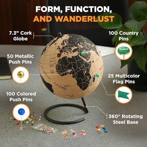 Cork Globe with Push Pins - 9.4” Globe with Map of the World and Rotating Stand for Adults