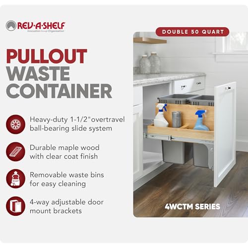 Rev-A-Shelf Double Top-Mount Pullout Trash Can, Min Opening 15" W, 35 Qt | Under Kitchen Cabinet Large Capacity Waste/ Recycling Containers, 150 Lbs Rated Full-Extension Slides, 4WCTM-18BBSCDM2 Silver