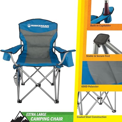 Oversized Camping Chair 300lbs - Heavy Duty Folding Chair with Cooler Pouch and Carry Bag for Camp Sites, Tailgates, or Beach by Wakeman (Blue)