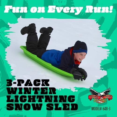 Flexible Flyer Winter Lightning Snow Sleds for Kids and Adults (3-Pack) - 48 Inch Toboggan Style Plastic Sled with Hard Bottom for Fast