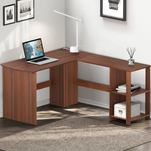 SHW 51 x 51 L-Shaped Home Office Wood Corner Desk with Storage, Espresso | Integrated Book Shelves