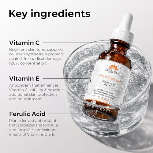 Skin Deva 20% Vitamin C Serum Anti Aging with Hyaluronic Acid & Vitamin E Ferulic Acid - Brightening Formula for Improving Appearance of Dark Spots, Fine Lines & Wrinkles - All Skin Types, 1 fl oz