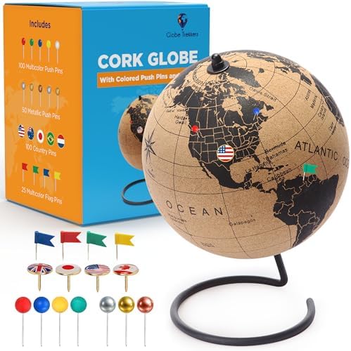 Cork Globe with Push Pins - 9.4” Globe with Map of the World and Rotating Stand for Adults