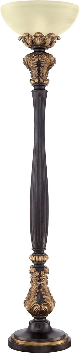 Valentina 75" Tall Acanthus Leaf Torchiere Floor Lamp Living Room | Traditional Victorian Carved Wood Amber Glass Shade Foot Dimmer Standing Light