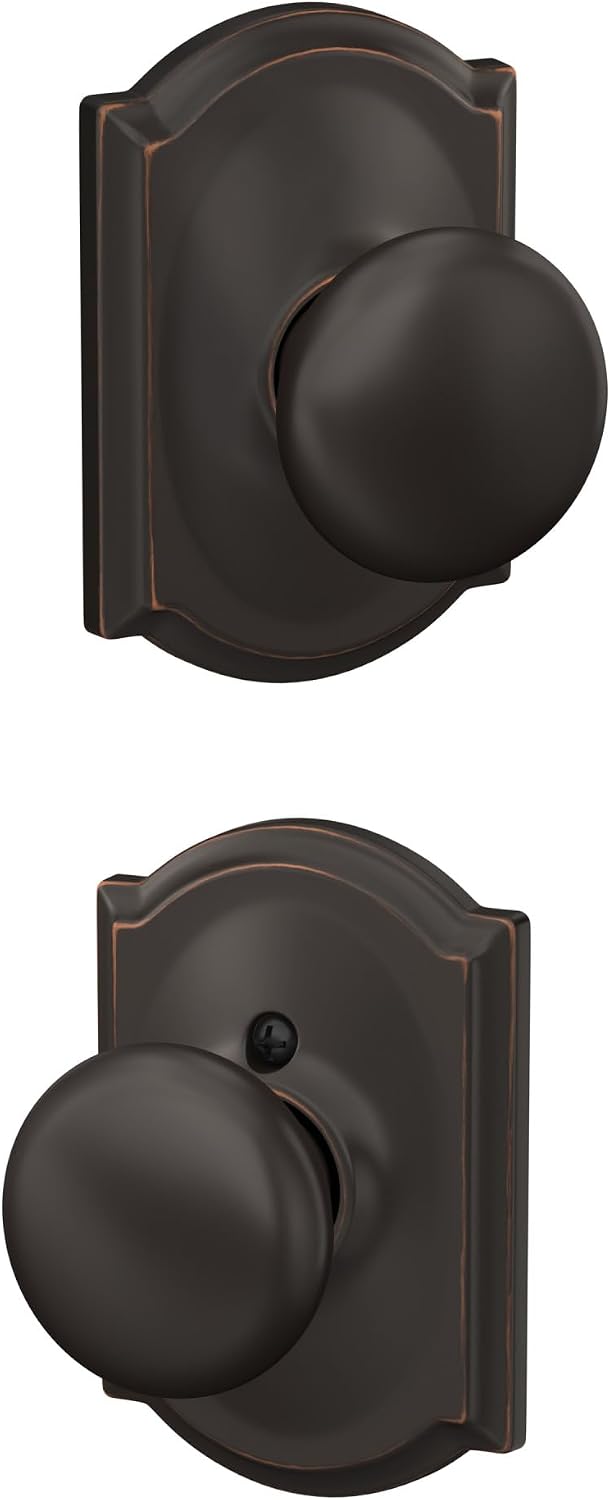Schlage Plymouth Bed/Bath Privacy Door Knob with Lock, Satin Nickel | Interior bedroom or bathroom door knob with push button lock, Easy to install, Certified durability, Universal fit