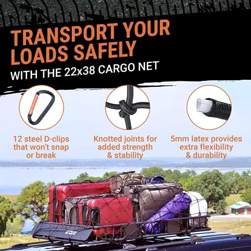 Cargo Net for Roof Rack - 22 x 38 Inch, Heavy-Duty, Mesh Square Bungee Netting with 12 Black Clips and Storage Bag - Holds Small and Large Loads