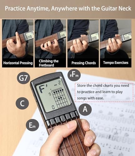 Pocket Guitar Chord Practice Tool, Portable Guitar Neck for Trainer Beginner w/a Rotatable Chords Chart Screen Battery Included