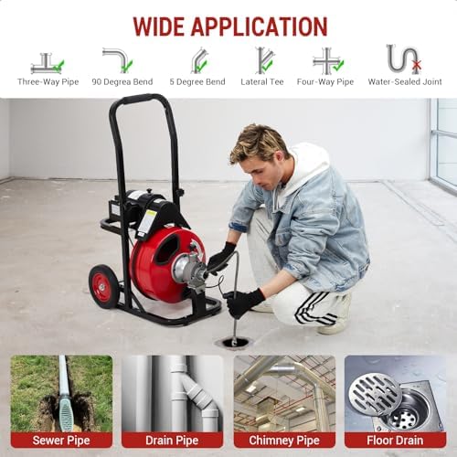 GarveeTech Auto Feed 100 ft x 3/8 in Drain Cleaner Machine with 250W Motor | Portable Sewer Snake Auger with 8 Cutters & Air-Activated Foot Switch, Fits 1 in to 4 in Pipes, Black & Red