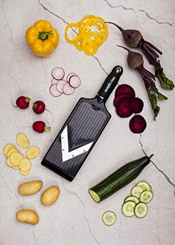 Microplane Adjustable Mandoline Slicer with V-Blade and Julienne Stainless Steel Blades, Handheld Mandoline for Potatoes, Carrots and Other Vegetables