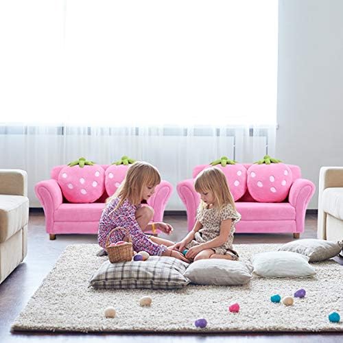 Costzon Kids Couch, Double Seat Pink Children's Sofa with 2 Strawberry Pillows, Toddler Armrest Chair for Bedroom, Living Room