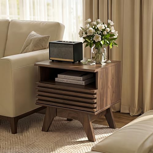 AODK 19 Inch Wide Fluted Nightstand Set of 2 with Drawer, Dark Walnut | Open Storage Shelf, Smooth Metal Slides, 4 Stable Legs