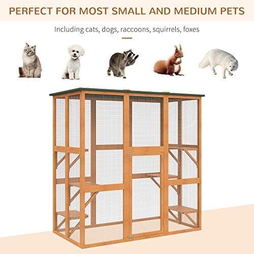 PawHut Outdoor Cat House Big Catio w/Large Spacious Interior 71" L Orange | Wooden Feral Cat Shelter Enclosure, 6 High Ledges