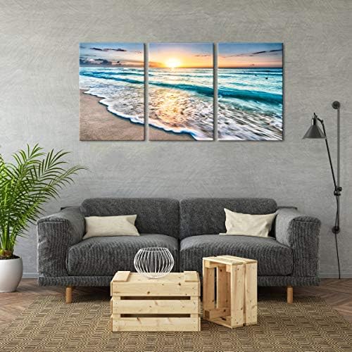 Wieco Art 3 Panel Blue Beach Canvas Wall Art for Home Decor Sunset White Wave Beach Pictures on Canvas Sea View Canvas Prints Artwork for Wall Decor
