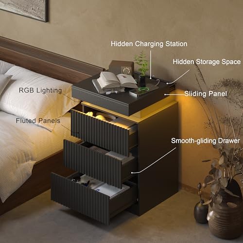 Fluted Nightstand with Charging Station and LED Light, Bedside Table with Sliding Top, USB Ports and AC Outlets, 3 Drawer Storage Cabinet