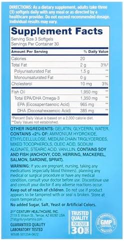 21st Century Alaska Wild Fish Oil Softgels, Mega Omega-3, Enteric Coated, 90 Count | Alaska Wild Fish Oil with omega-3 EPA & DHA, Heart, Joint