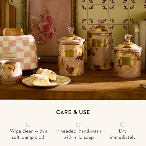 MACKENZIE-CHILDS Enamel Canister, Small, Wild Rose Brown | Hand-applied design, made from enameled steel, versatile kitchen storage container for flour and sugar, 38-ounce capacity