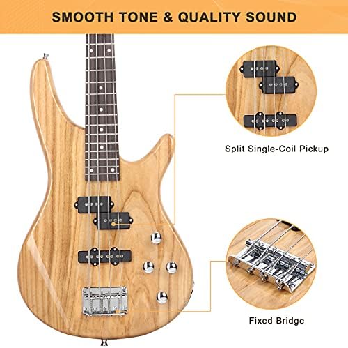 GLARRY GIB Series 4 String Electric Bass Guitar Beginner Kit Full Size with 20W AMP, Strap, Bag and Accessories (Burlywood)