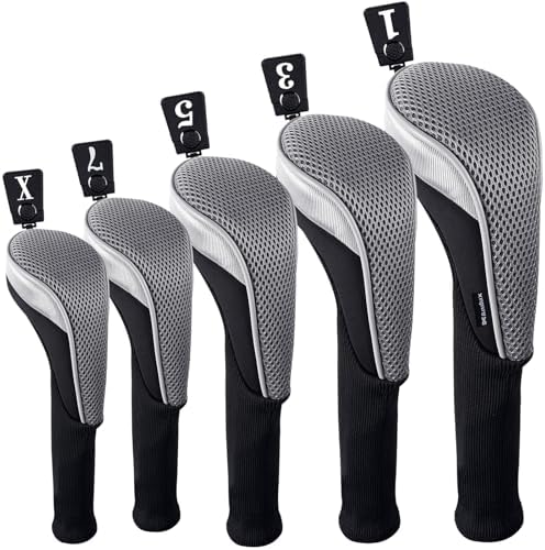 Andux 5pcs/Set Mesh Golf Wood Club Head Covers Long Neck