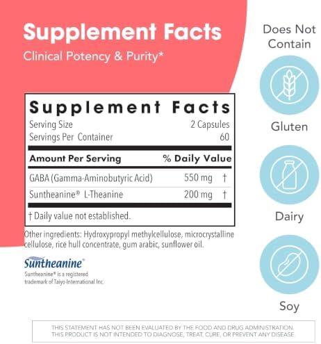 Allergy Research Group ARG 200 mg of Zen - Supports Calm and Stress Balance - Delivers 200 mg L-Theanine & 550 mg GABA per Serving - Vegetarian & Hypoallergenic - 60 Servings - 120 Capsules
