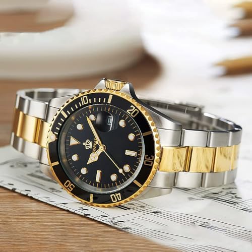 FANMIS Men's Two-Tone Stainless Steel Quartz Watch, Rotating Bezel and Date | Green Dial, Luminous Hands and Markers, Magnified Date Window, Fold-Over Safety Clasp, 30M Water Resistant for Everyday Wear.