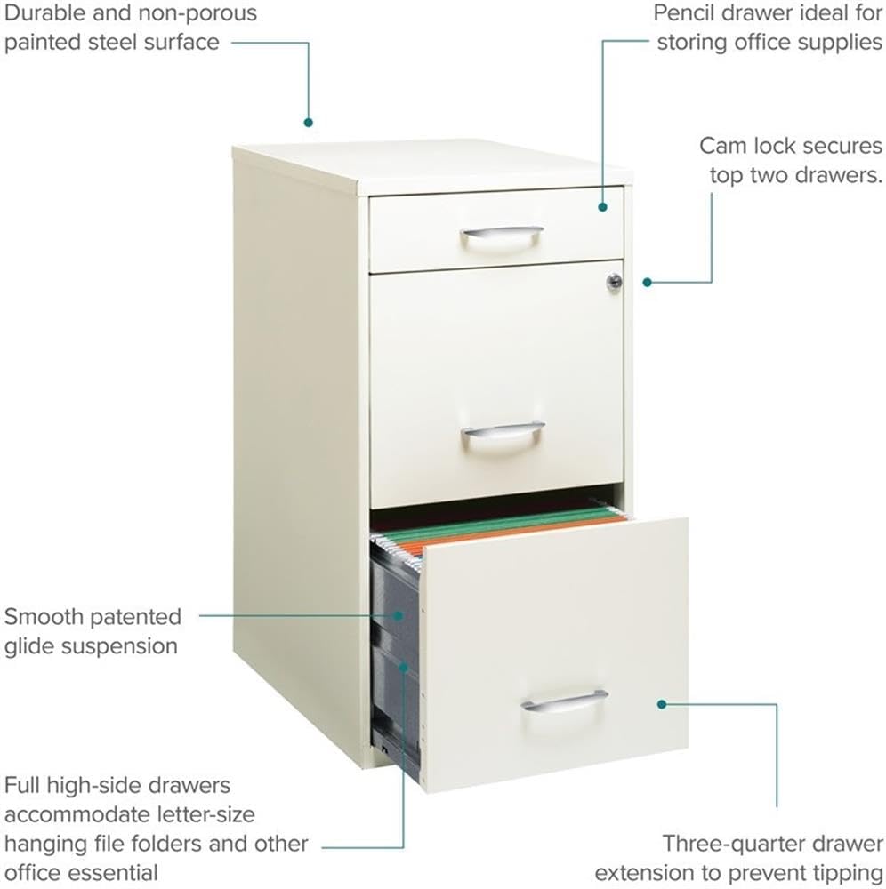 Scranton & Co 3-Drawer Metal Filing Cabinet, 27.32" H x 14.25" W x 18.00" D, Pearl White Finish, Locking Storage with Letter-Size File Drawers, Non-Porous Painted Steel for Home or Office