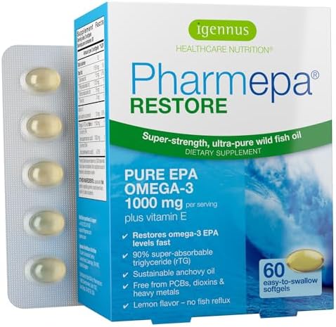 Igennus Pharmepa Restore Pure EPA 1000mg Omega 3, 60 Softgels | IFOS-certified 90% concentrated rTG omega 3 wild fish oil for high absorption; triple-strength, ultra-pure and DHA-free
