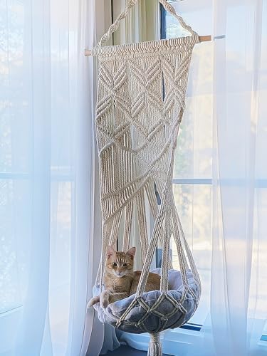 KARCEEY Macrame Cat Hammock Hanging Bed - Boho Wall Swing with Catnip Cushion for Wall Climber & Window Perch - Hardware Kit Included