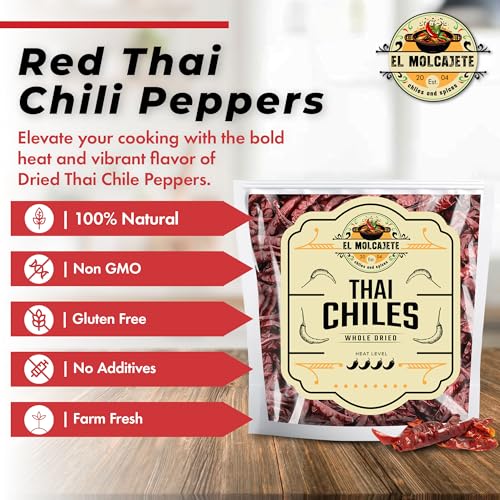 Dried Red Thai Chili Peppers 16oz Whole Hot Asian Chile for Curry Soup | Fiery authentic heat for tom yum, pad thai, ramen, stir fry & chili oil. Bulk bag, all natural. Resealable.