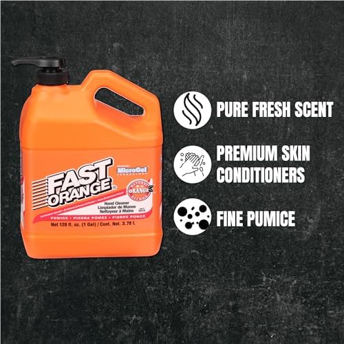 Fast Orange 25219 Pumice Lotion, Heavy Duty Hand Cleaner, Natural Citrus Scent, Waterless Cleaner for Mechanics, Strong Grease Fighter, 1 Gallon