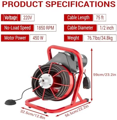 100Ft 3/4 Inch Drain Cleaning Machine. Sewer Snake 750w Auto Feed | Portable Drain Cleaning Machine Electric Drain Auger Sewer Auger with 6 Cutter Air-Activated Foot Switch for 4" to 8" Pipes