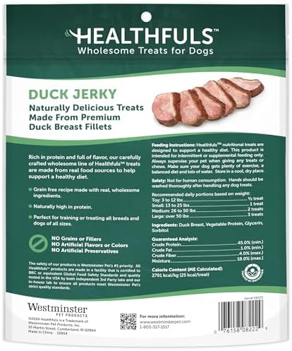 Healthfuls Duck Jerky Healthy Dog Treats – Grain Free, Real Duck Breast Fillets, No Fillers or Artificial Ingredients, All Life Stages – 16 ounces