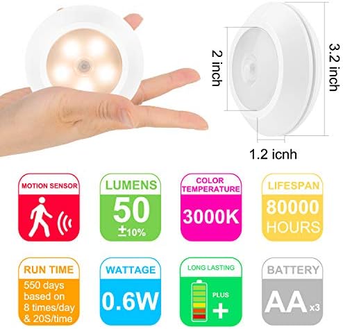 HONWELL Motion Sensor Light, Wireless Battery Powered Warm White Motion Sensor Lights, Stick Closet Lights, Safe LED Stair Lights