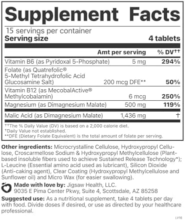 Jigsaw Health MagSRT | Magnesium Supplement with Vitamin B6, Folate & B12 | 240 Tablets | 60 Servings