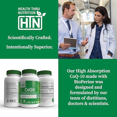 Health Thru Nutrition CoQ-10 100mg with BioPerine 120 Softgels | High Absorption Naturally Fermented USP Grade Coenzyme Q10 Supplement | 3rd Party Tested | Heart Health and Energy Support | High Absorption Naturally Fermented USP Grade Coenzyme Q10 Suppl…