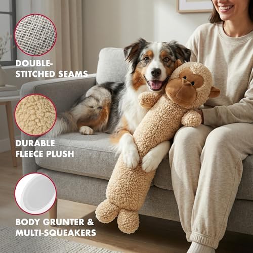 Pet Lou 26 Inch Colossal Monkey Stick Plush Dog Chew Toy with Grunter & Squeakers, Durable Fleece Interactive Dog Toy for Fetch