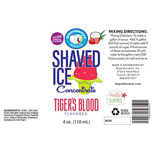 Hypothermias Shaved Ice and Snow Cone Syrup Unsweetened Flavor Concentrate - 4 Fl Oz - Makes 1 Gallon of Ready to Use Syrup - Tiger's Blood - Must
