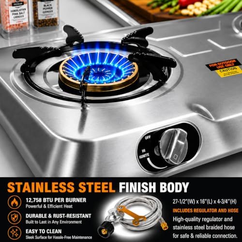 XtremepowerUS Double Burner Propane Stove, 25, 516 BTU Outdoor Camping Cooktop with Auto Ignition, Portable Stainless Steel LPG Gas Stove for Camping