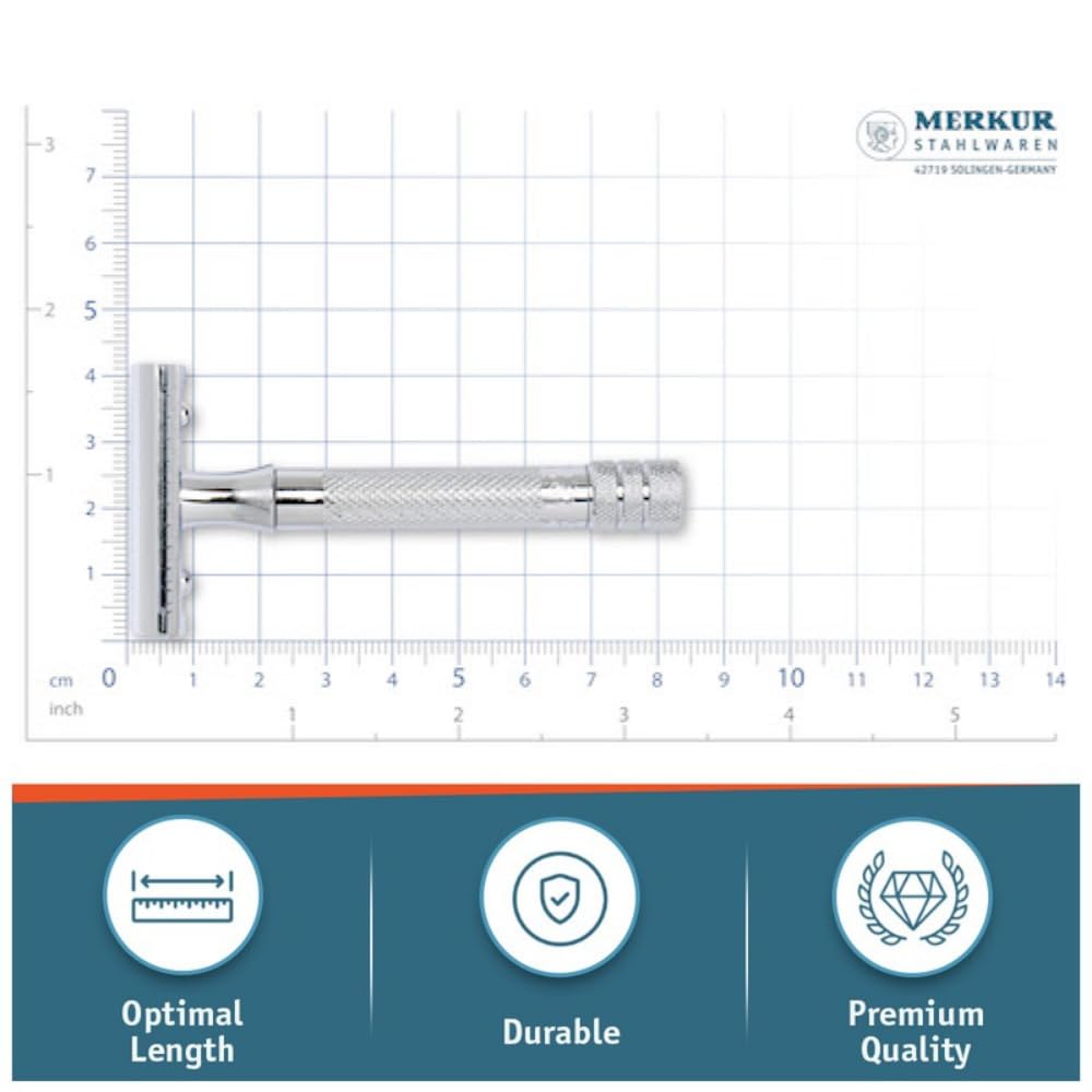 MERKUR 23C Double Edge Safety Razor - Polished Chrome, Long Knurled Brass Handle, Made in Germany, Plastic-Free, Three Piece Design, Closed Comb, Straight Bar