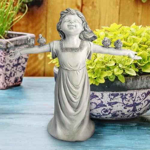 Design Toscano Basking in Glory Little Girl with Birds Outdoor Garden Statue, Medium, 16 inches tall, Cast Stone Resin, Two Tone Stone Finish