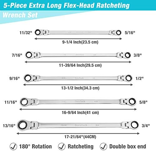 DURATECH Extra Long Flex-Head Ratcheting Wrench Set, 5-Piece, SAE