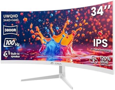 CRUA 34 Inch 21:9 UWQHD 100Hz IPS Ultrawide Curved Monitor, Speakers, White | 120% sRGB, 92% DCI-P3, 1.07B Colors, FreeSync, Blue Light, 3800R, HDMI 2.0, DP 1.4, 100x100 Mount, Office, Editing, Design PC
