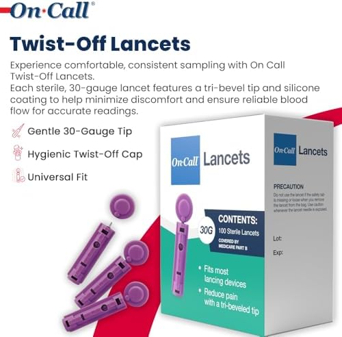 On Call Twist Off Lancets, 100 Lancets | Fine 30 Gauge Tri-Bevel Tip for Blood Sugar Test, Fits Most Lancing Devices, Diabetic Supplies, 100 Count
