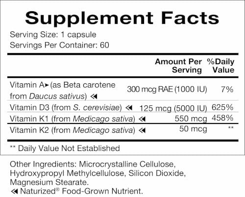 Natura Health Products D-A-K ADK Vitamin D3 5000 IU K2 K1 & A 60 Capsules | 50 mcg K2, 550 mcg K1 and 1000 IU A support calcium metabolism, bone