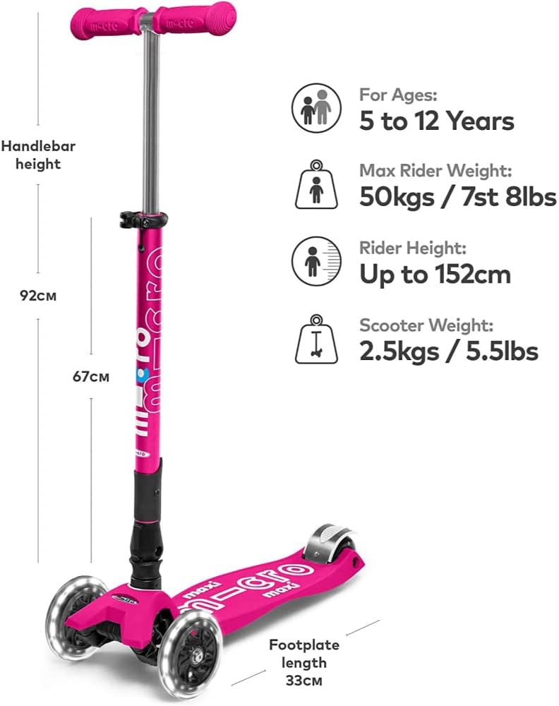 Micro Kickboard | Maxi Foldable LED Kids Scooter for Ages 5-12 | Children